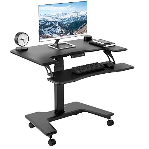 Black Electric Mobile Height Adjustable 36 inch Dual Platform Standing Desk. Picture 1