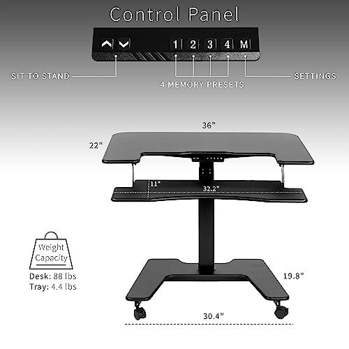 Black Electric Mobile Height Adjustable 36 inch Dual Platform Standing Desk. Picture 3