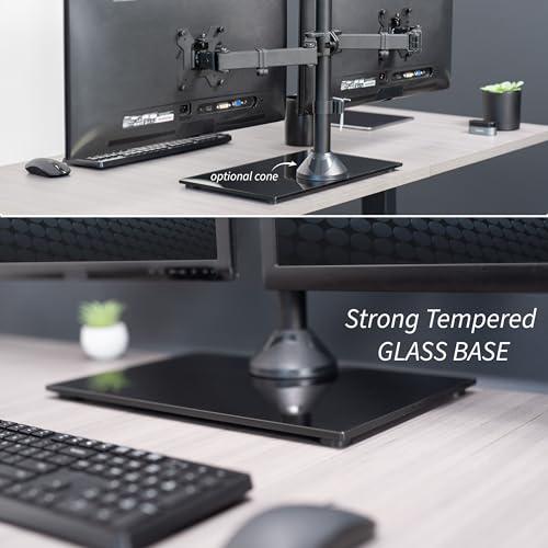 Freestanding Dual Monitor Stand with Sleek Glass Base and Adjustable Arms. Picture 3