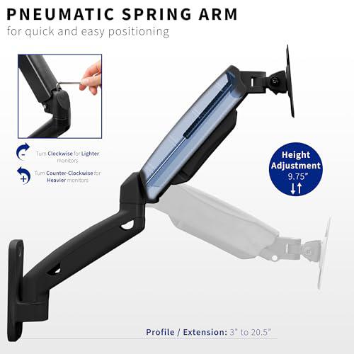 Height Adjustable Pneumatic Extended Arm Single Monitor Wall Mount. Picture 4