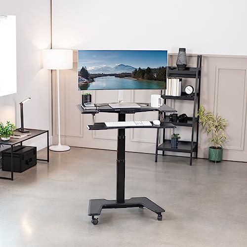 Black Electric Mobile Height Adjustable 36 inch Dual Platform Standing Desk. Picture 2
