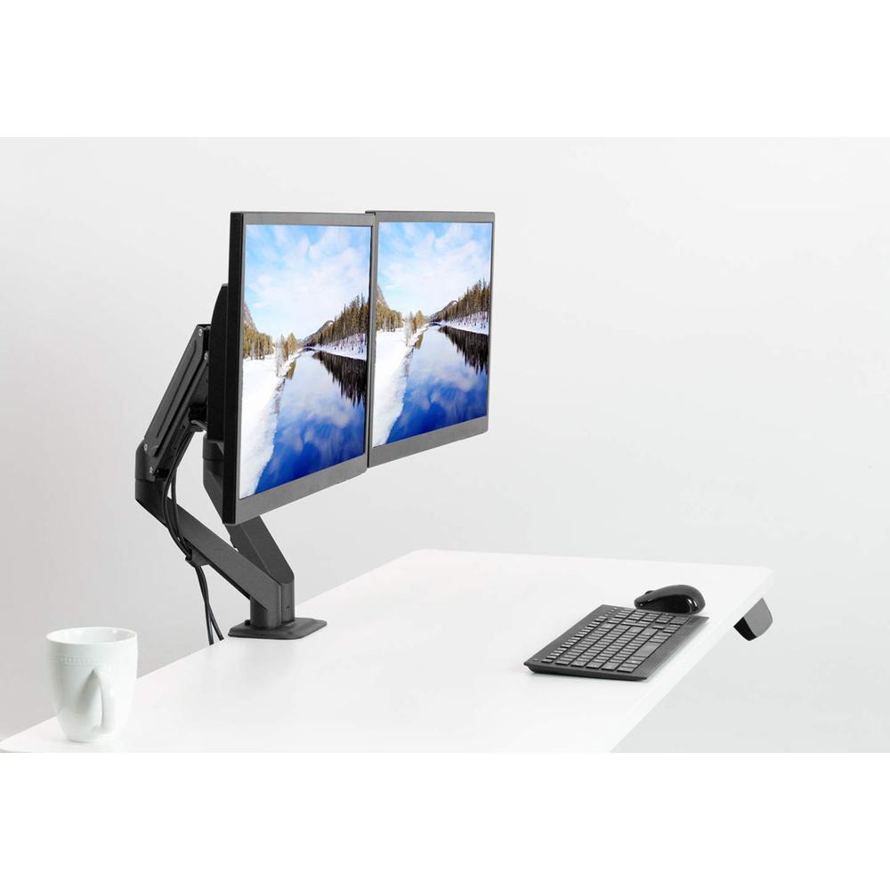Articulating Dual 17 to 27 inch Pneumatic Spring Arm Clamp-on Desk Mount Stand. Picture 2