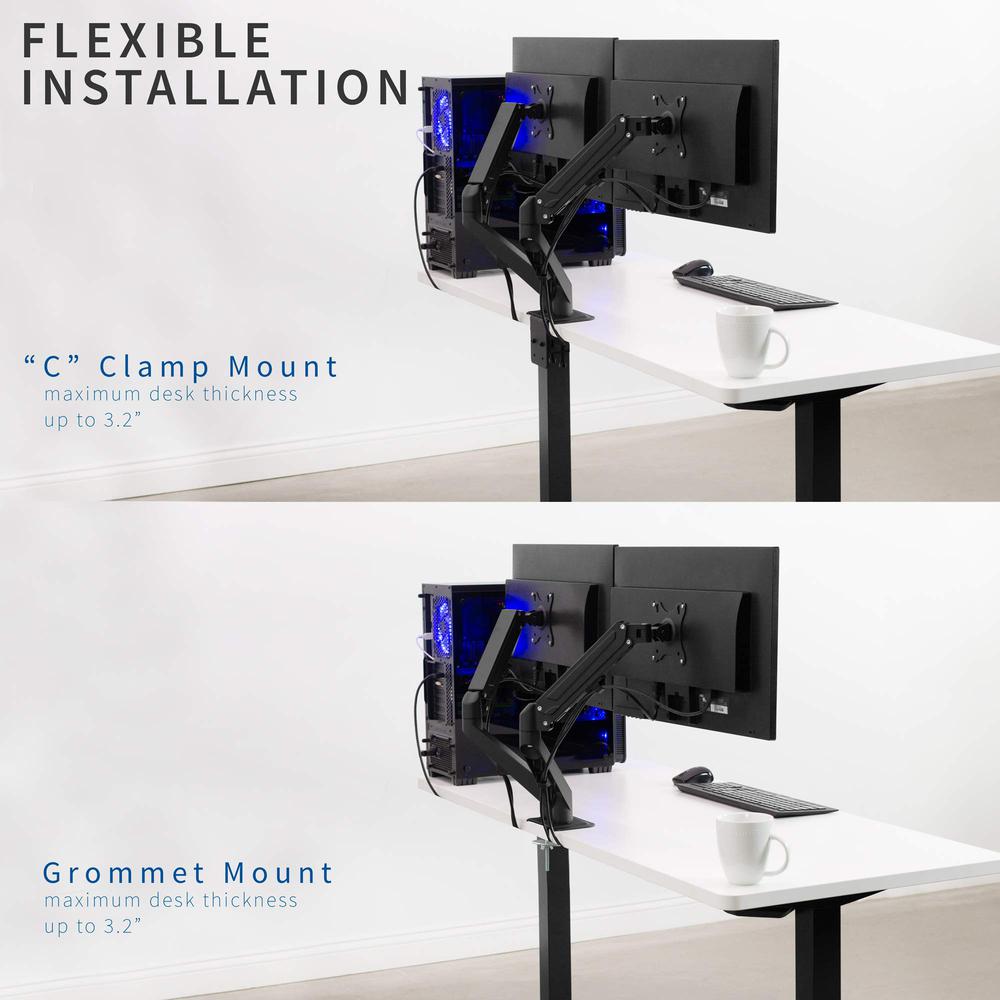 Articulating Dual 17 to 27 inch Pneumatic Spring Arm Clamp-on Desk Mount Stand. Picture 7