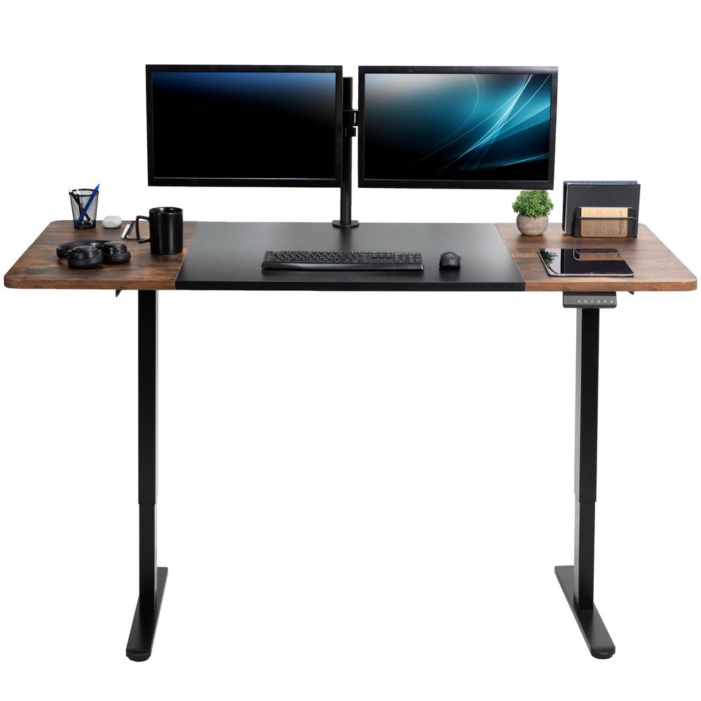 Electric Height Adjustable 71 x 30 inch Memory Stand Up Desk, Black and Rustic. Picture 1