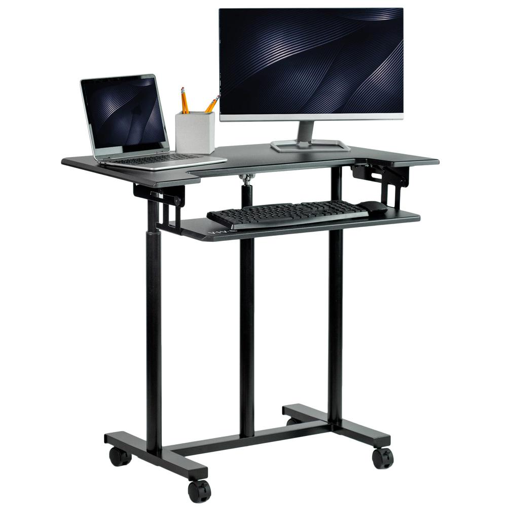 Mobile Height Adjustable Table, Stand Up Desk Cart with Sliding Keyboard Tray. Picture 1