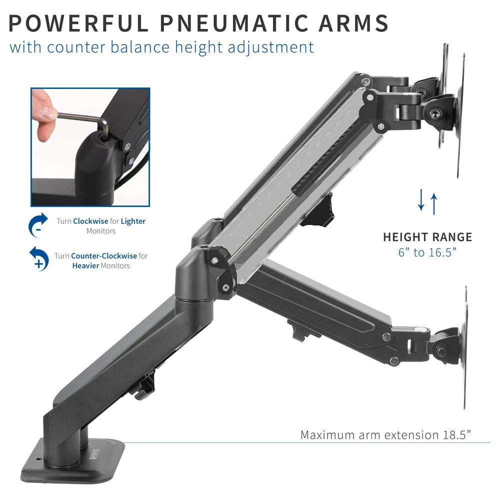 Articulating Dual 17 to 27 inch Pneumatic Spring Arm Clamp-on Desk Mount Stand. Picture 4