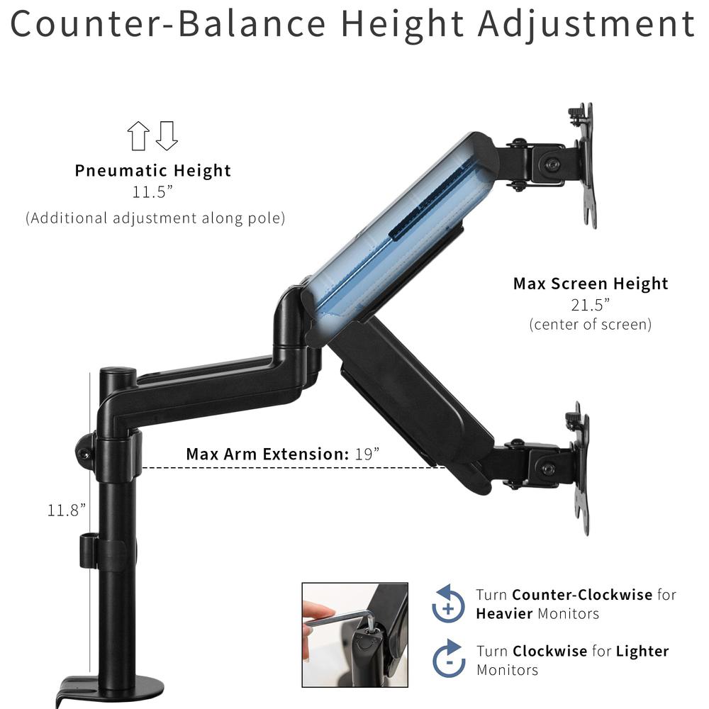 Dual Arm Mount for 17 to 32 inch Screens - Pneumatic Height Adjustment. Picture 5