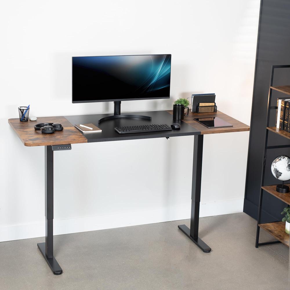 Electric Height Adjustable 71 x 30 inch Memory Stand Up Desk, Black and Rustic. Picture 9