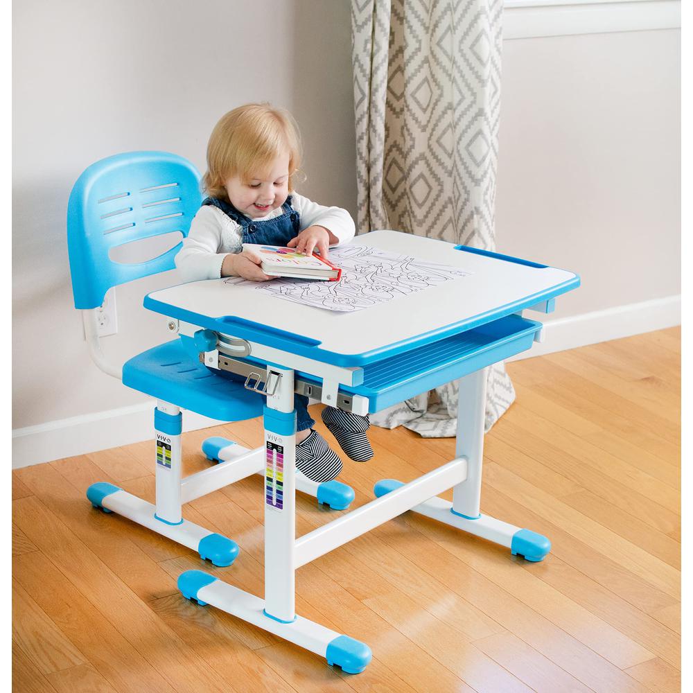 Blue Height Adjustable Childrens Desk and Chair Set. Picture 4