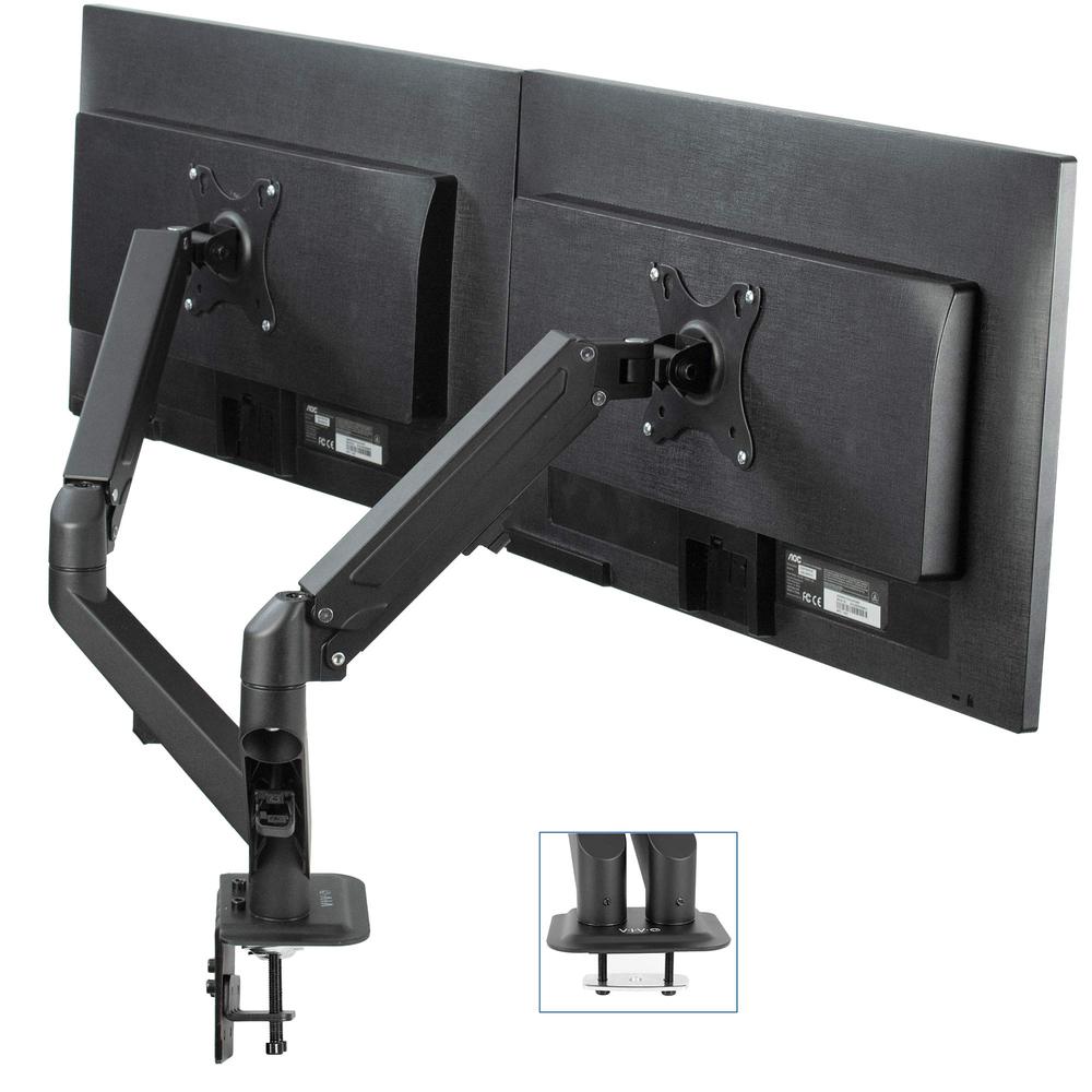 Articulating Dual 17 to 27 inch Pneumatic Spring Arm Clamp-on Desk Mount Stand. Picture 1