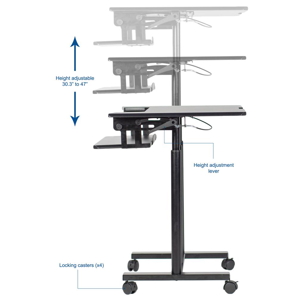 VIVO Mobile Height Adjustable Table, Stand Up Desk Cart with Sliding Keyboard Tray, Computer Workstation, Rolling Presentation Cart, Black, CART-V06A. Picture 6