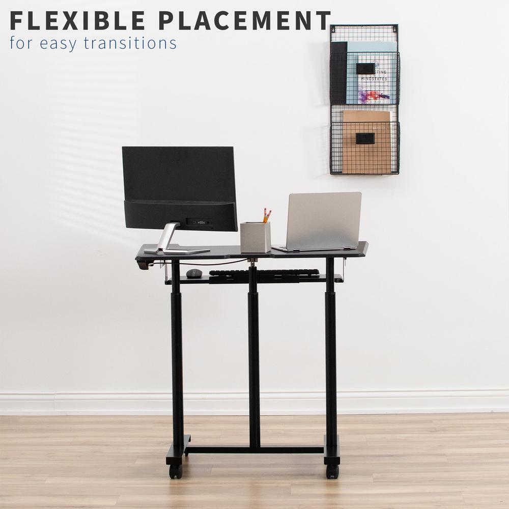 VIVO Mobile Height Adjustable Table, Stand Up Desk Cart with Sliding Keyboard Tray, Computer Workstation, Rolling Presentation Cart, Black, CART-V06A. Picture 18
