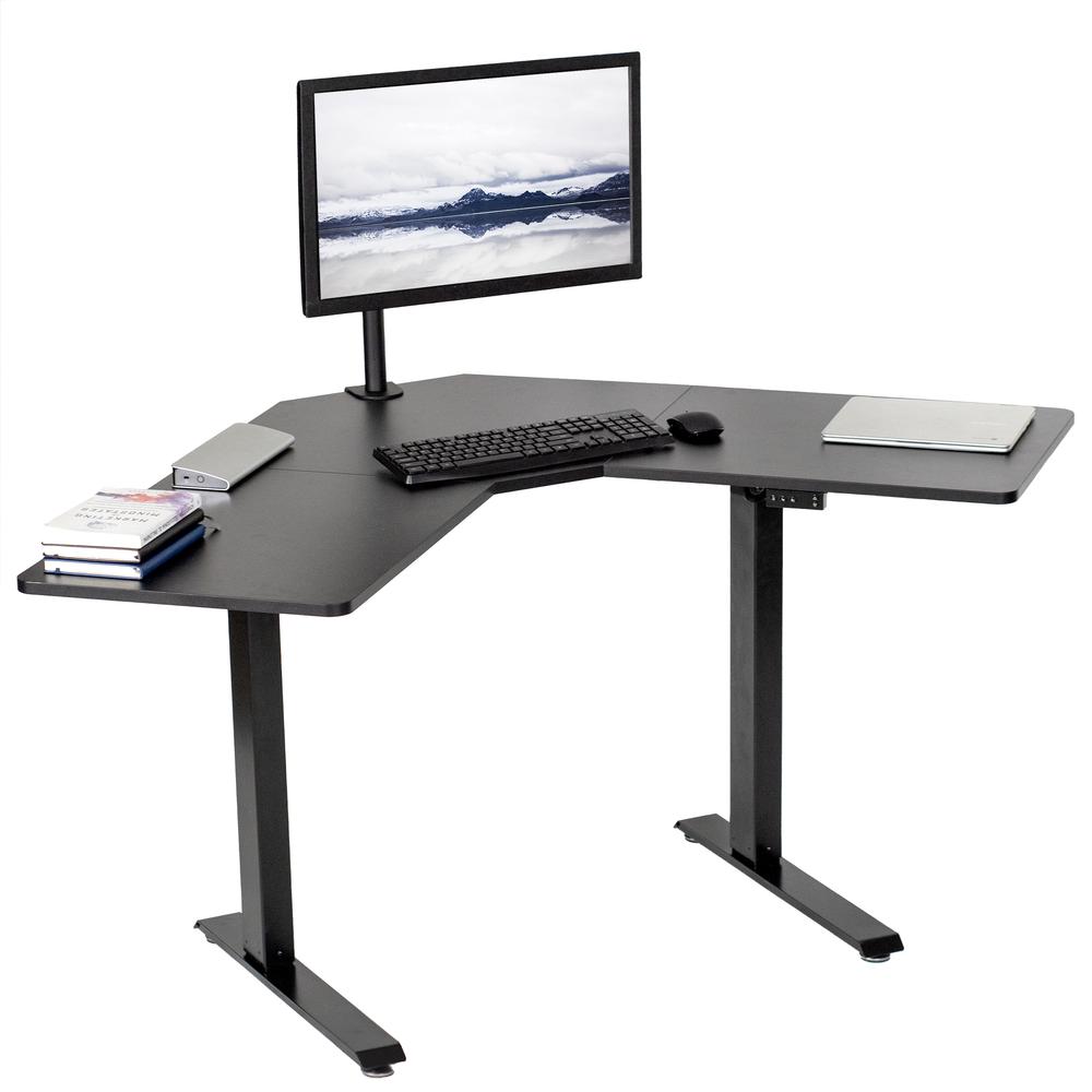 VIVO Electric Height Adjustable 47 x 47 inch Corner Stand Up Desk, Black 3-Piece Table Top, Black Frame, Complete Standing Workstation, DESK-E1L94B. Picture 1