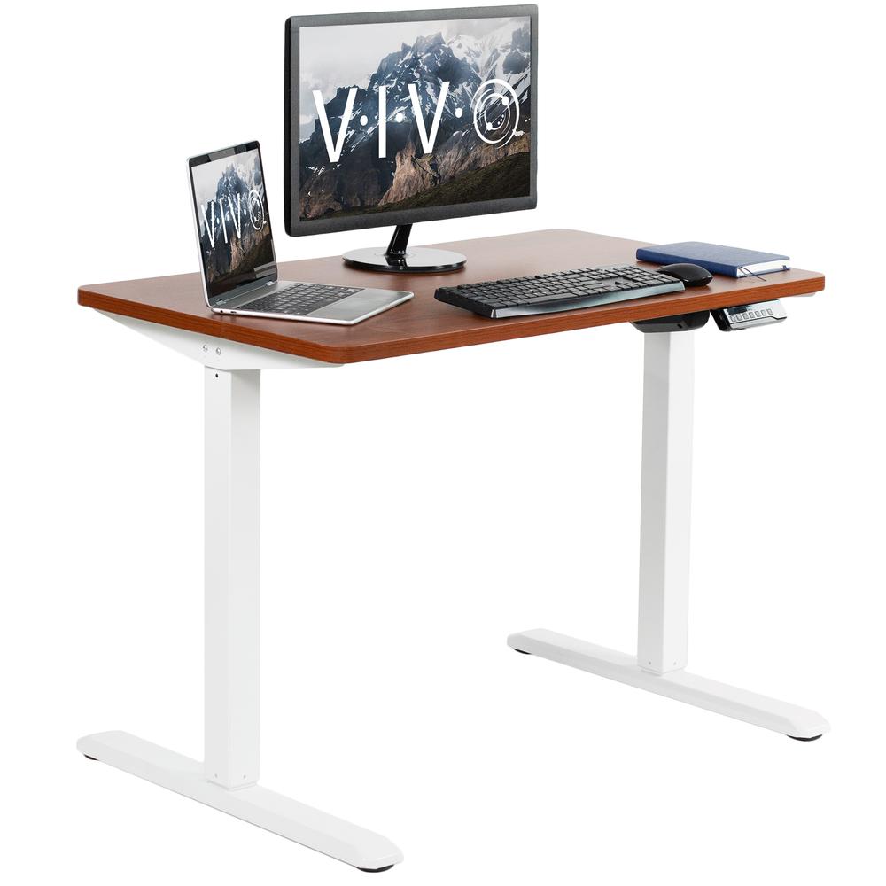 VIVO Electric Height Adjustable 43 x 24 inch Stand Up Desk, Dark Walnut Solid One-Piece Table Top, White Frame, Standing Workstation with Memory Preset Controller, DESK-KIT-1W4D. Picture 1