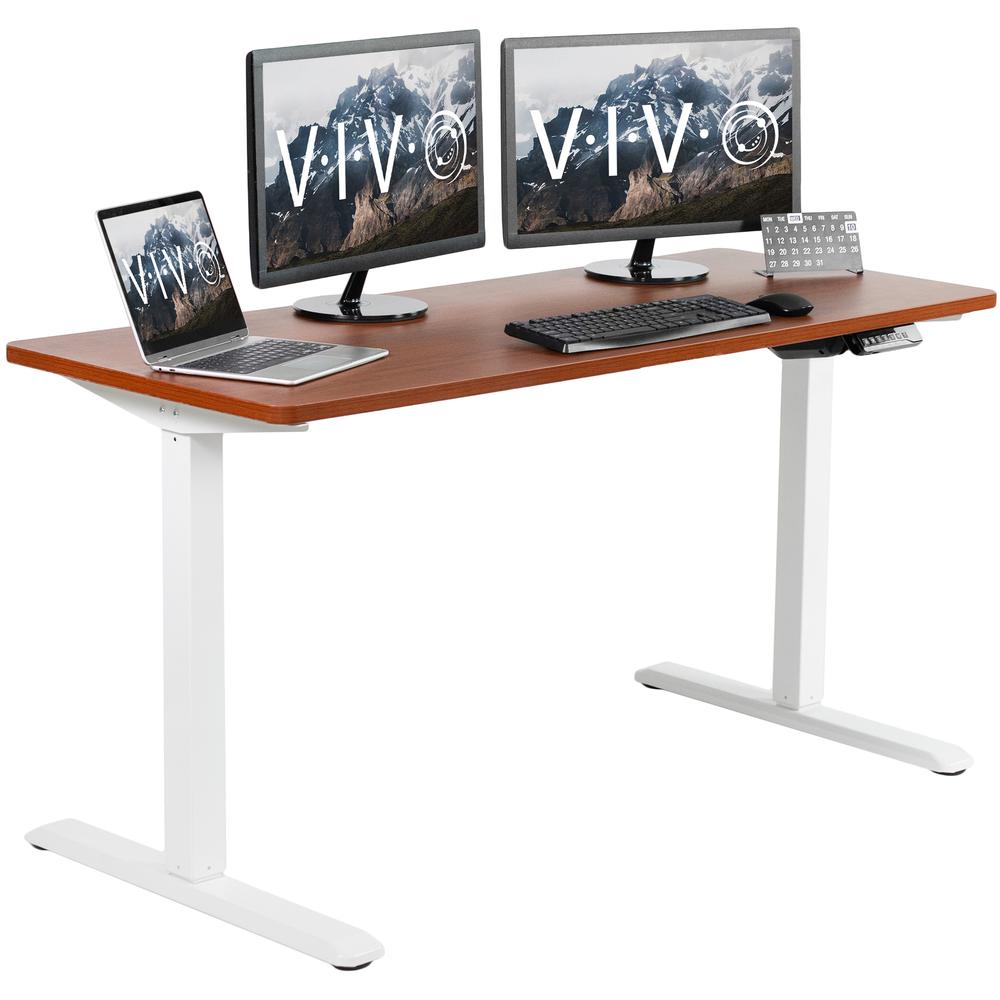 VIVO Electric Height Adjustable 60 x 24 inch Stand Up Desk, Dark Walnut Solid One-Piece Table Top, White Frame, Standing Workstation with Memory Preset Controller, DESK-KIT-1W6D. The main picture.
