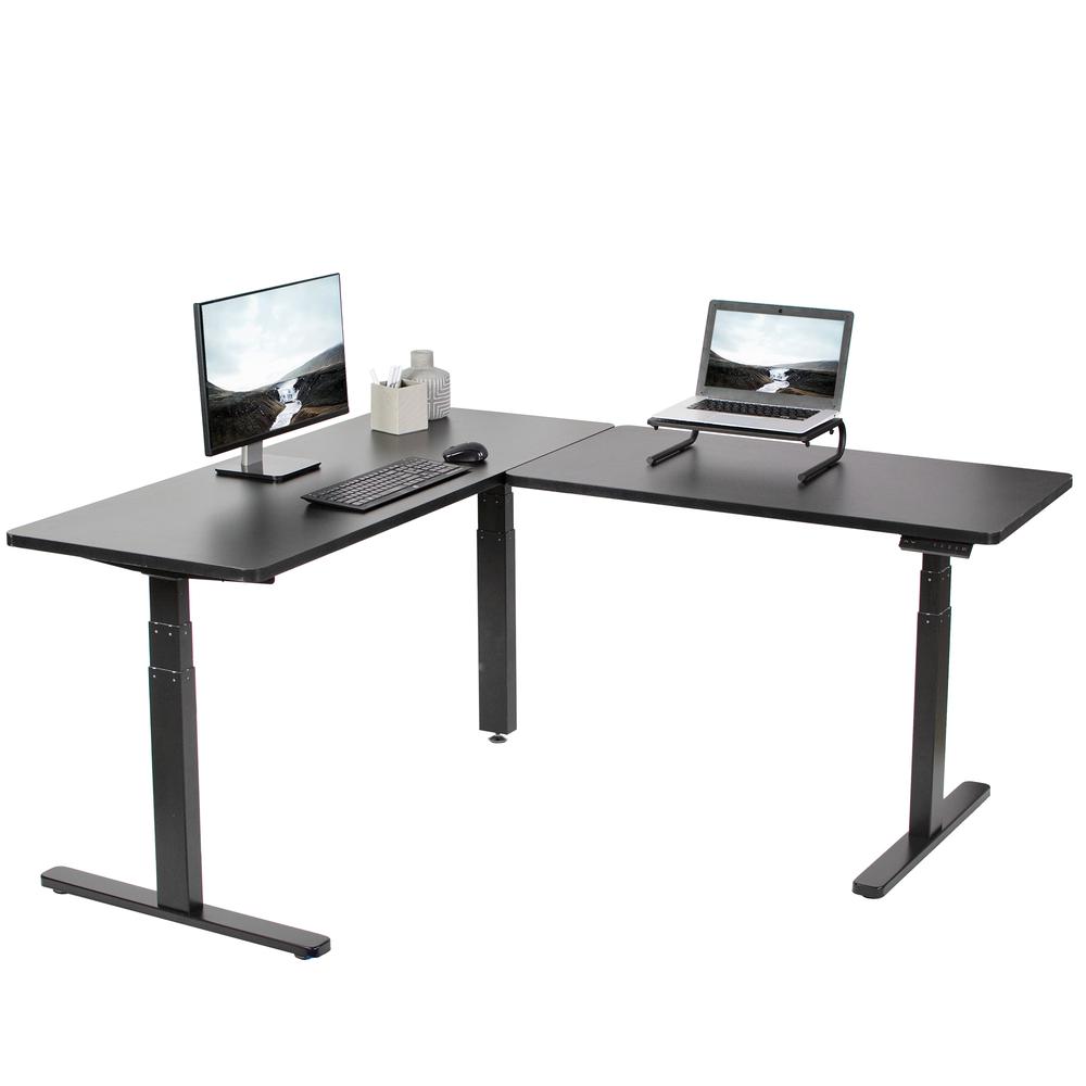 VIVO Electric Height Adjustable 67 x 60 inch Corner Stand Up Desk, Black Solid One-Piece Table Tops, Black Frame, L-Shaped Standing Workstation, DESK-KIT-3E6B. The main picture.