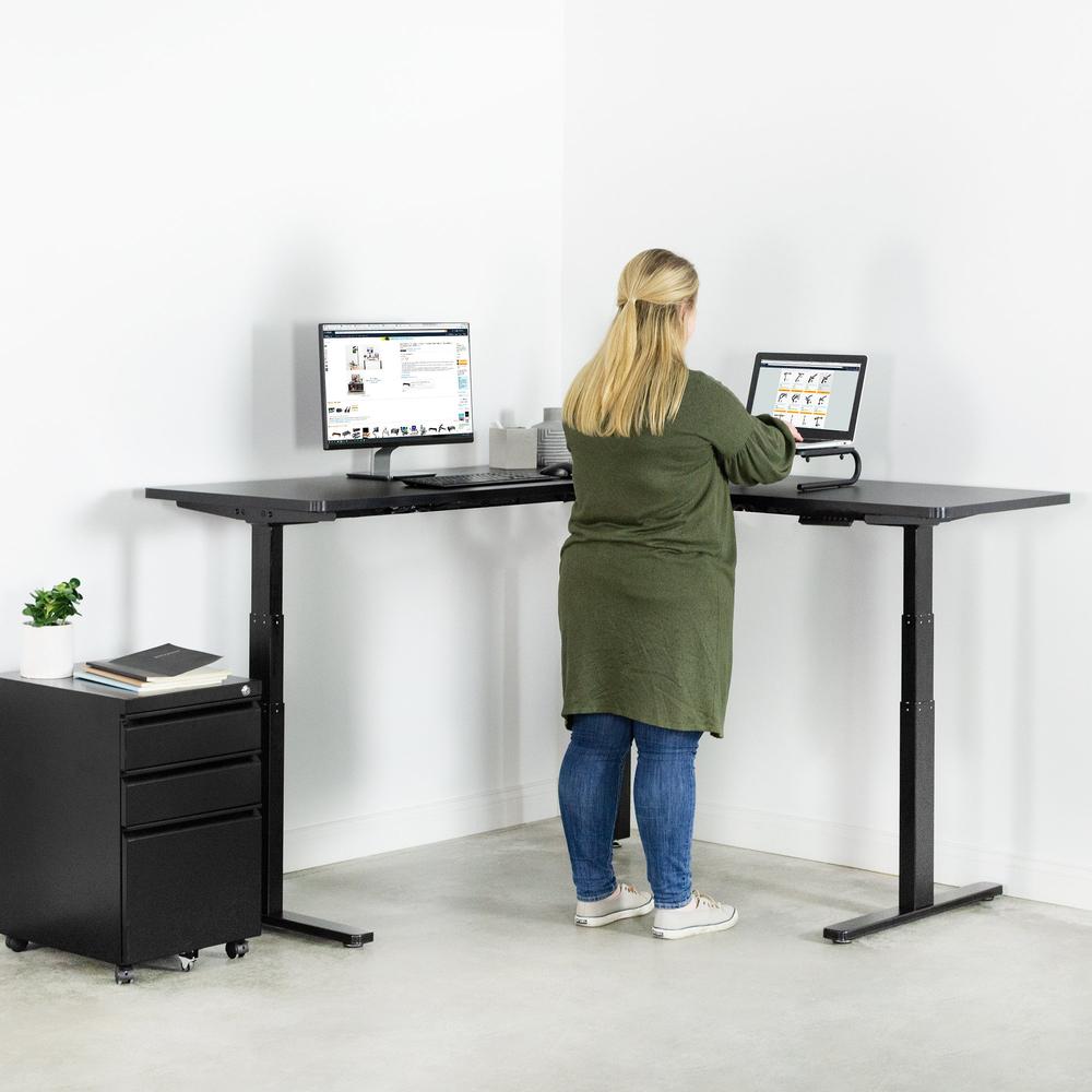 VIVO Electric Height Adjustable 67 x 60 inch Corner Stand Up Desk, Black Solid One-Piece Table Tops, Black Frame, L-Shaped Standing Workstation, DESK-KIT-3E6B. Picture 11