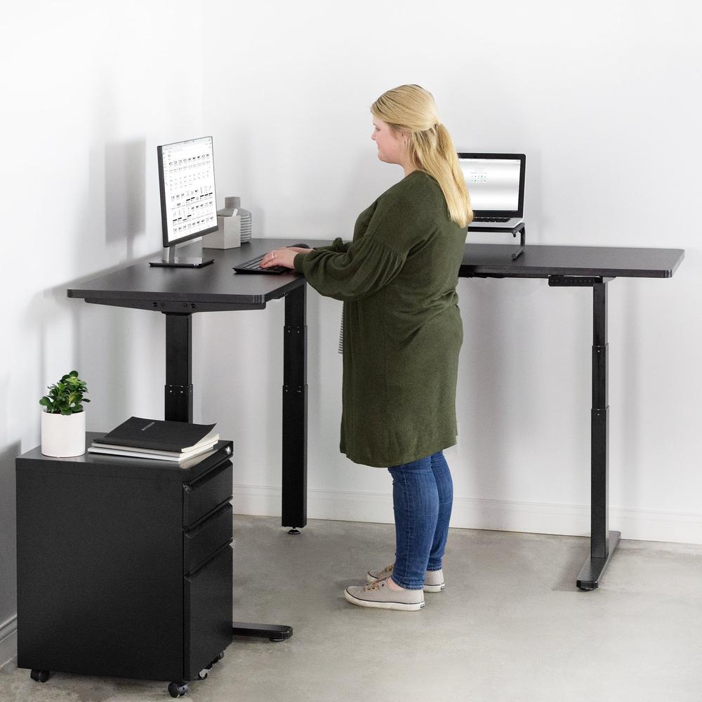 VIVO Electric Height Adjustable 67 x 60 inch Corner Stand Up Desk, Black Solid One-Piece Table Tops, Black Frame, L-Shaped Standing Workstation, DESK-KIT-3E6B. Picture 18