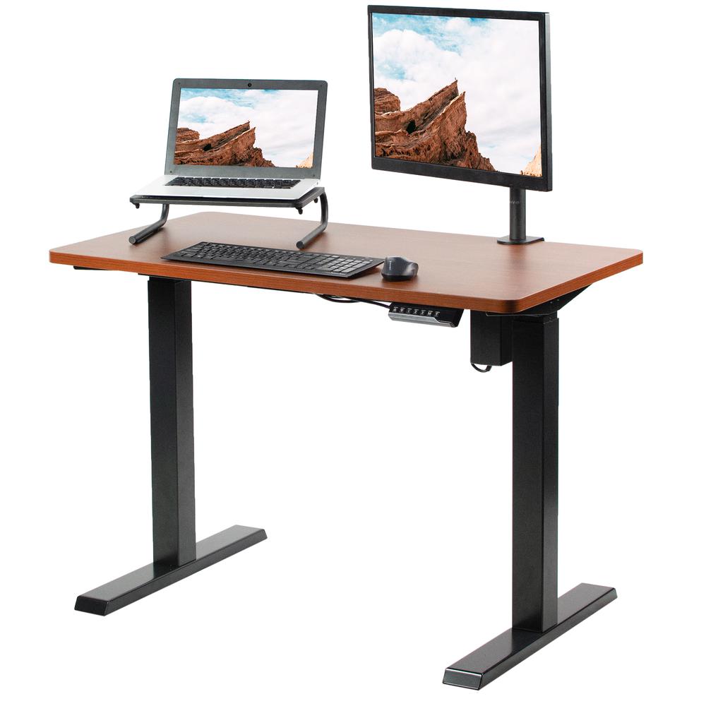 VIVO Electric Height Adjustable 43 x 24 inch Stand Up Desk, Dark Walnut Solid One-Piece Table Top, Black Frame, Standing Workstation with Push Button Controller, DESK-KIT-E5B4D. Picture 1
