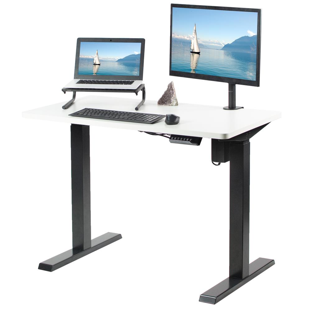VIVO Electric Height Adjustable 43 x 24 inch Stand Up Desk, White Solid One-Piece Table Top, Black Frame, Standing Workstation with Push Button Controller, DESK-KIT-E5B4W. The main picture.