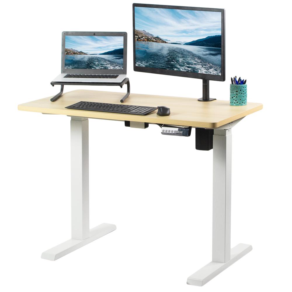 VIVO Electric Height Adjustable 43 x 24 inch Stand Up Desk, Light Wood Solid One-Piece Table Top, White Frame, Standing Workstation with Push Button Controller, DESK-KIT-E5W4C. Picture 1