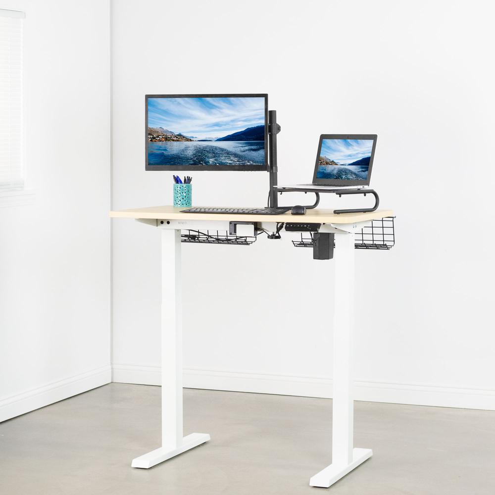 VIVO Electric Height Adjustable 43 x 24 inch Stand Up Desk, Light Wood Solid One-Piece Table Top, White Frame, Standing Workstation with Push Button Controller, DESK-KIT-E5W4C. Picture 2