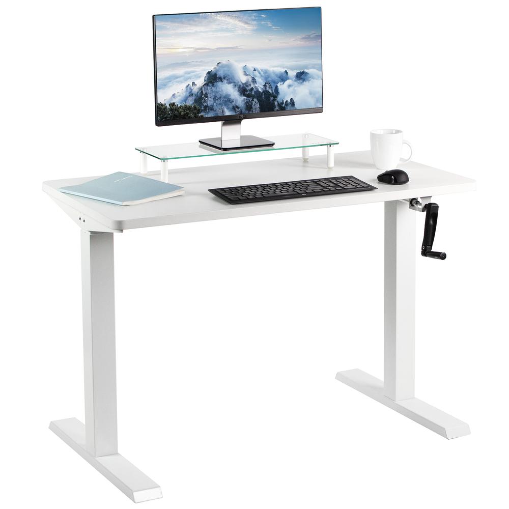 VIVO Manual Height Adjustable 43 x 24 inch Stand Up Desk, White Solid One-Piece Table Top, White Frame, Standing Workstation with Foldable Handle, DESK-KIT-MW4W. Picture 1