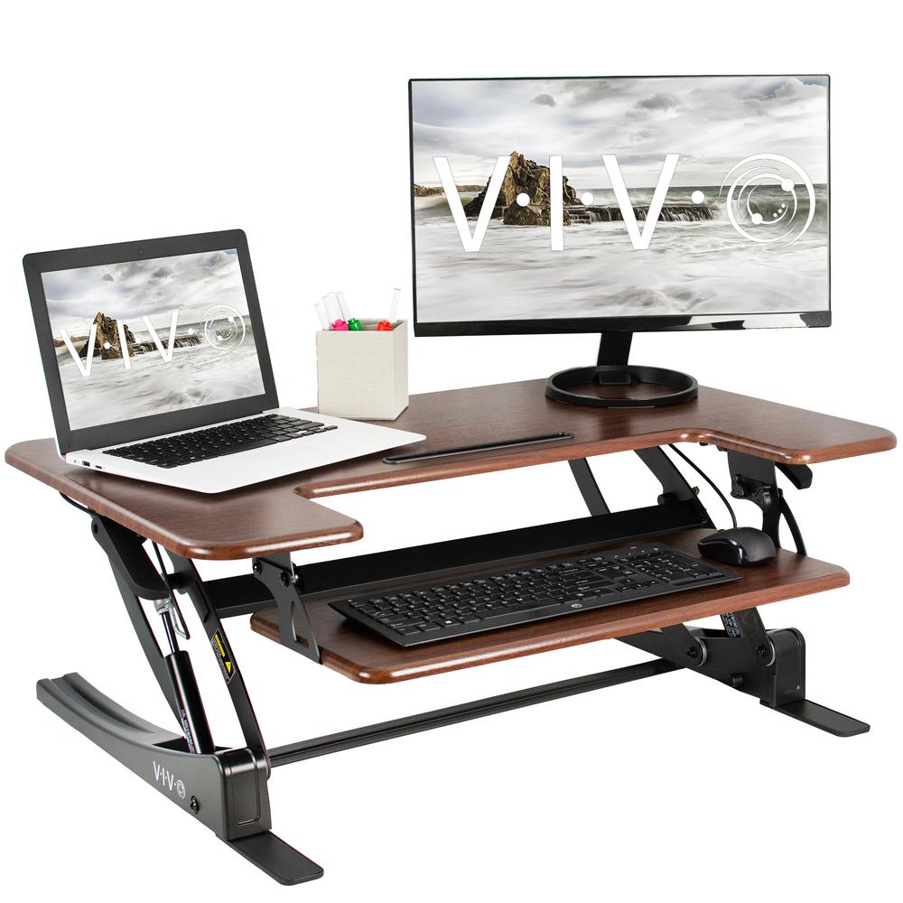VIVO Dark Wood Height Adjustable 36 inch Stand Up Desk Converter, Quick Sit to Stand Tabletop Dual Monitor Riser Workstation, DESK-V000VD. Picture 1