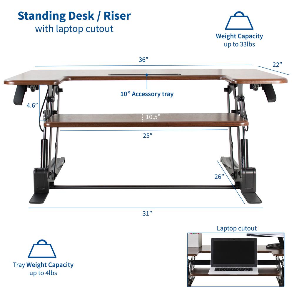 VIVO Dark Wood Height Adjustable 36 inch Stand Up Desk Converter, Quick Sit to Stand Tabletop Dual Monitor Riser Workstation, DESK-V000VD. Picture 2