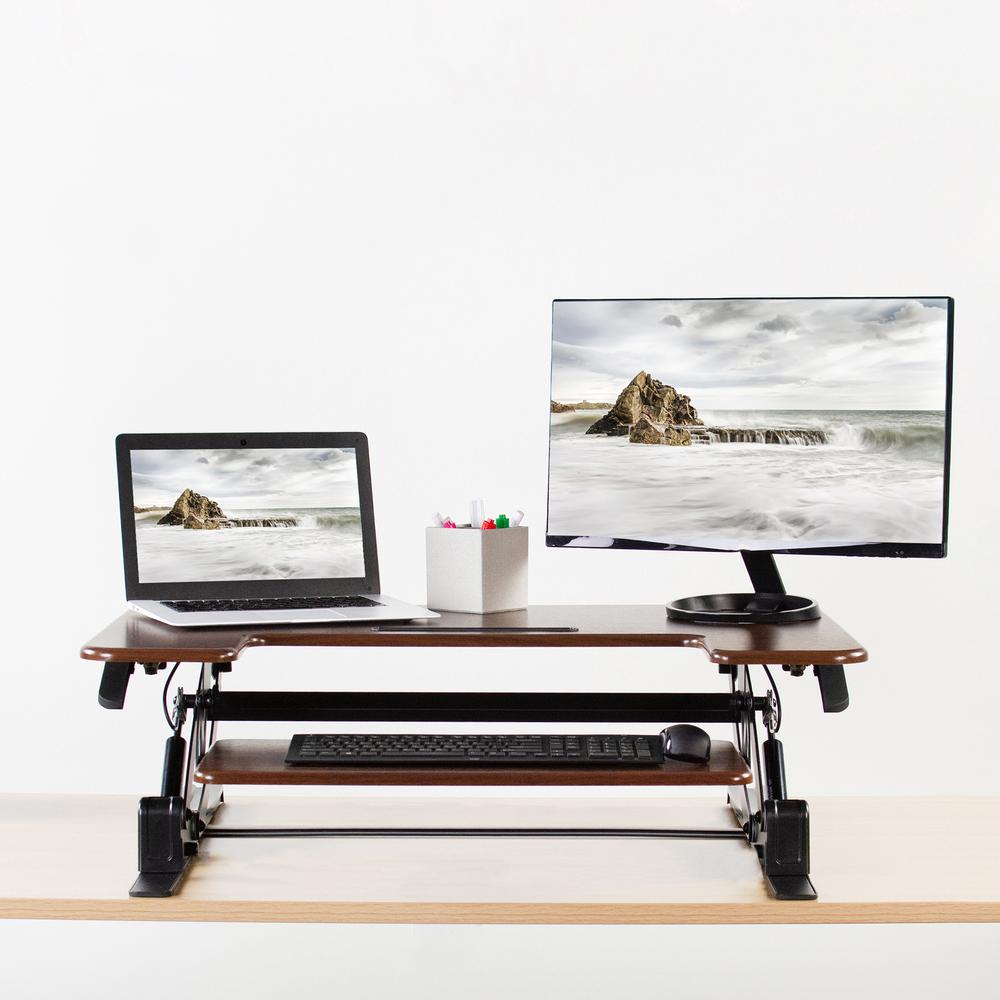 VIVO Dark Wood Height Adjustable 36 inch Stand Up Desk Converter, Quick Sit to Stand Tabletop Dual Monitor Riser Workstation, DESK-V000VD. Picture 4