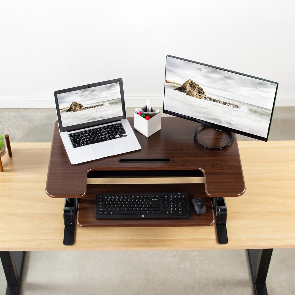VIVO Dark Wood Height Adjustable 36 inch Stand Up Desk Converter, Quick Sit to Stand Tabletop Dual Monitor Riser Workstation, DESK-V000VD. Picture 5