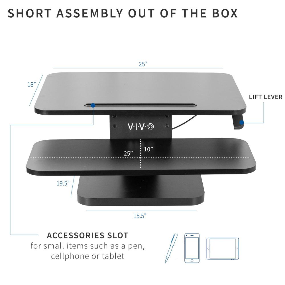 VIVO Black Height Adjustable 25 inch Standing Desk Converter, Compact Sit Stand Tabletop Monitor Riser Workstation, DESK-V001G. Picture 14