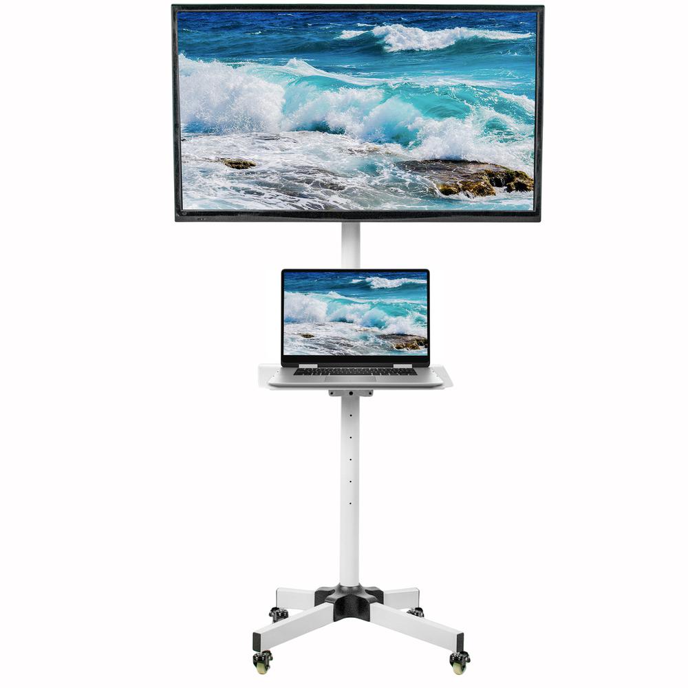 VIVO Mobile TV Cart for 23- 55 inch LCD LED Plasma Flat Panel Screen TVs up to 55 lbs, Pro Height Adjustable Rolling White Stand with Laptop Shelf, Locking Wheels - Max VESA 400x400 STAND-TV04MW. Picture 1