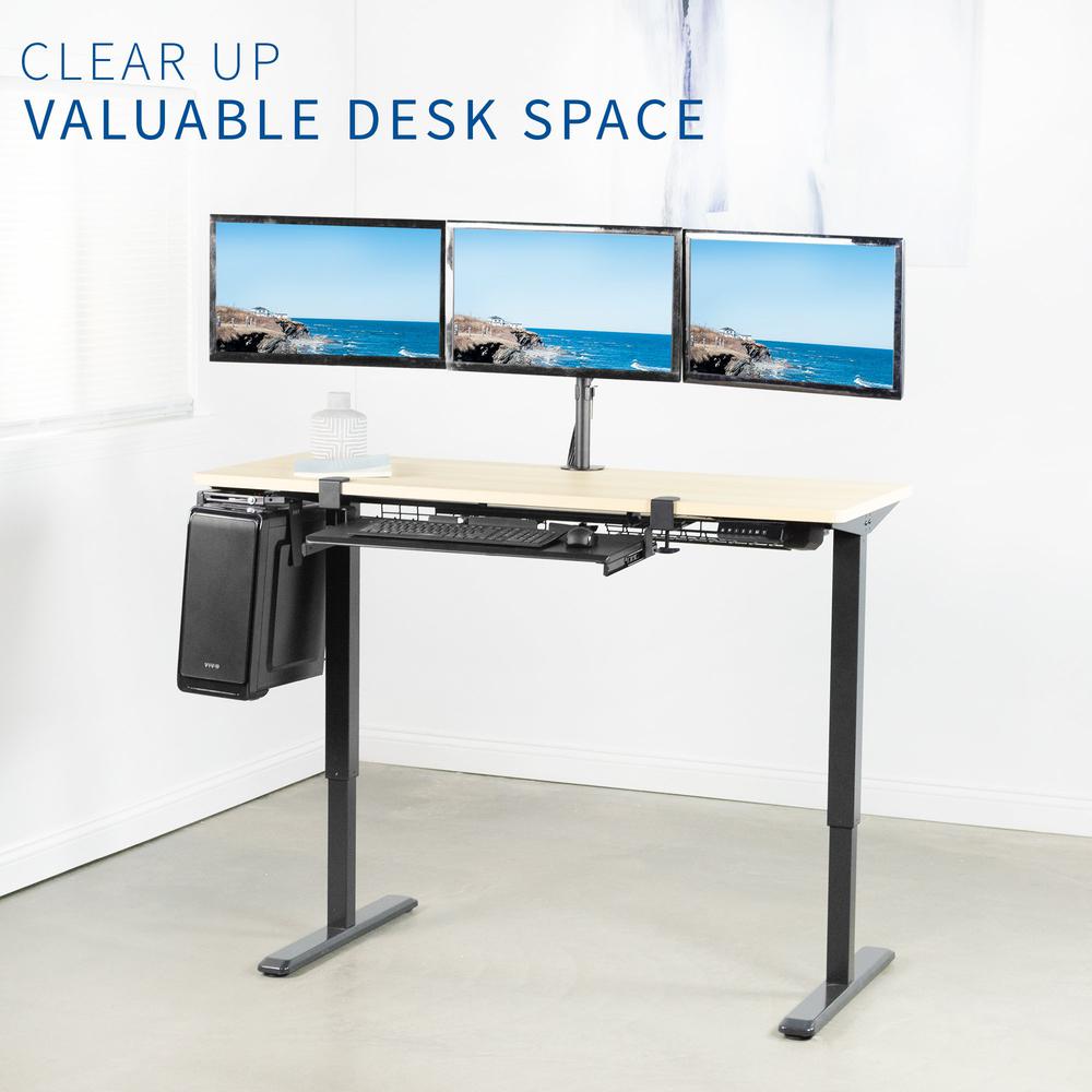 VIVO Black Triple Monitor Adjustable Desk Mount, Articulating Tri Stand Holds 3 Screens up to 24 inches STAND-V003Y. Picture 11