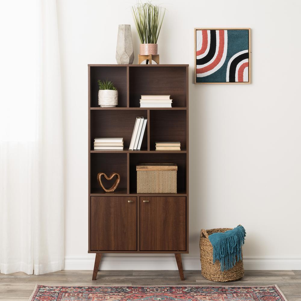 Milo Mid-Century Modern Bookcase with Six Shelves and Two Doors. Picture 4