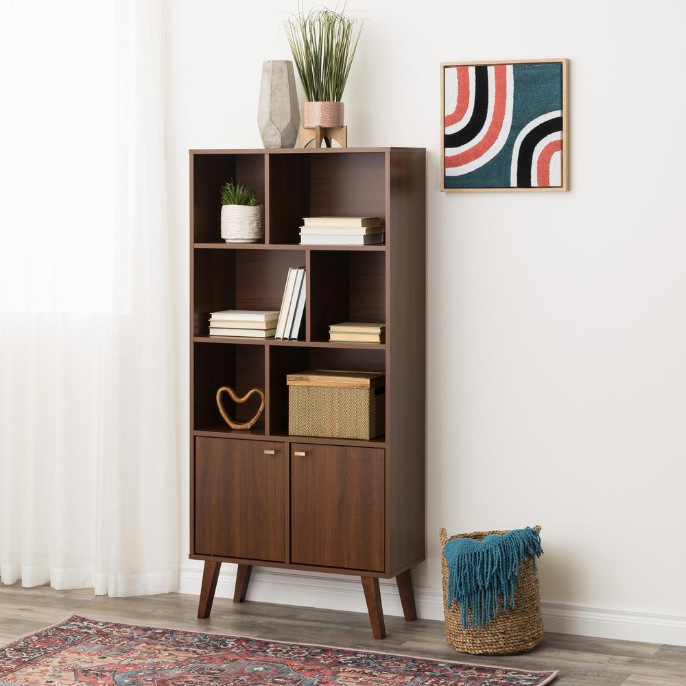 Milo Mid-Century Modern Bookcase with Six Shelves and Two Doors. Picture 5