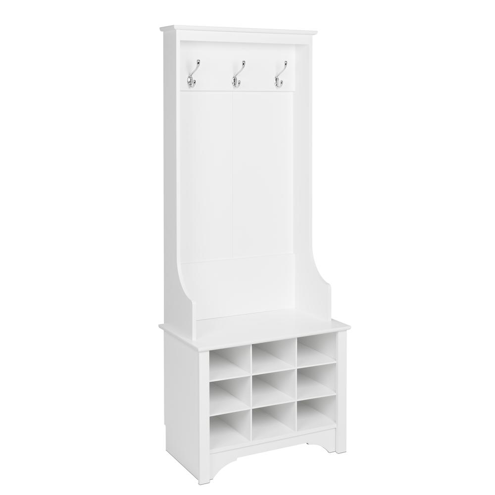 Narrow Hall Tree with 9 Shoe Cubbies, White. Picture 3