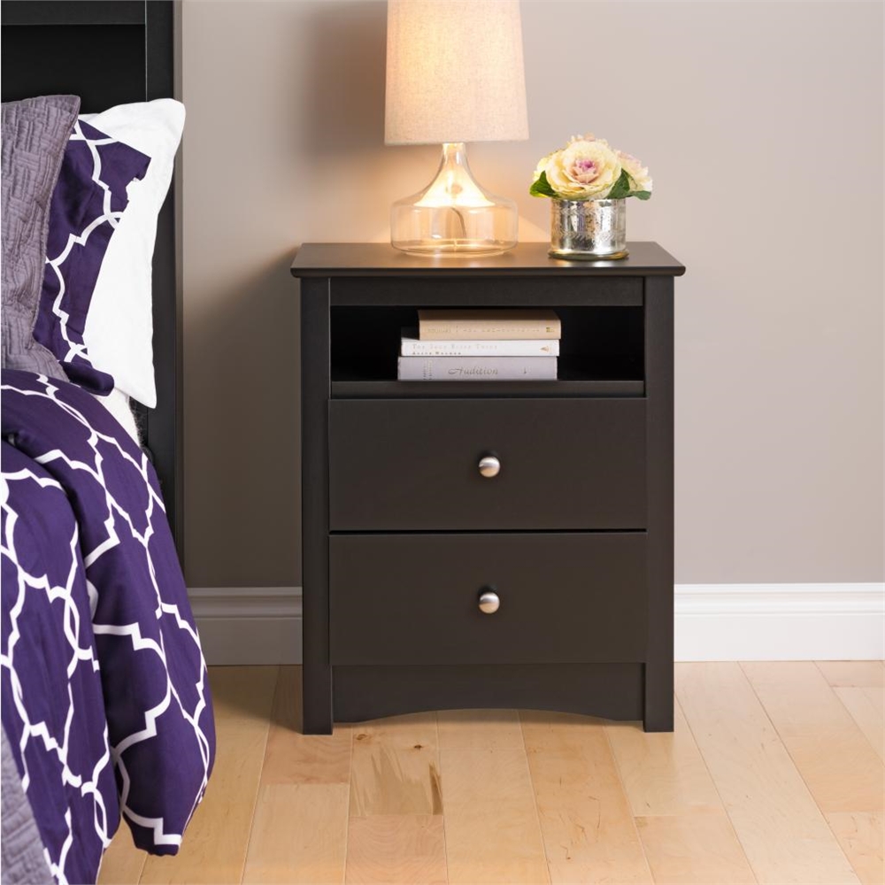 Black Sonoma Tall 2 Drawer Nightstand with Open Shelf. Picture 2