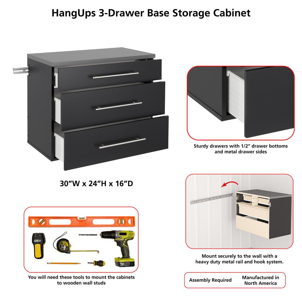 HangUps 3-Drawer Base Storage Cabinet, Black. Picture 8