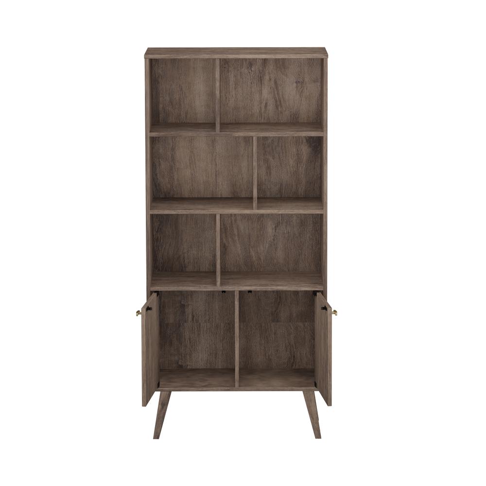 Milo Mid-Century Modern Bookcase with Six Shelves and Two Doors. Picture 10