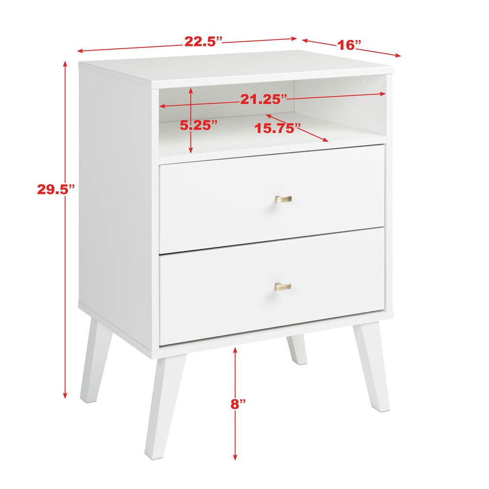 Milo Mid Century Modern  2-drawer Tall Nightstand with Open Shelf, White. Picture 8