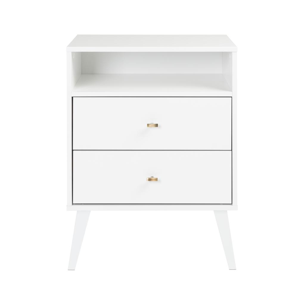 Milo Mid Century Modern  2-drawer Tall Nightstand with Open Shelf, White. Picture 1