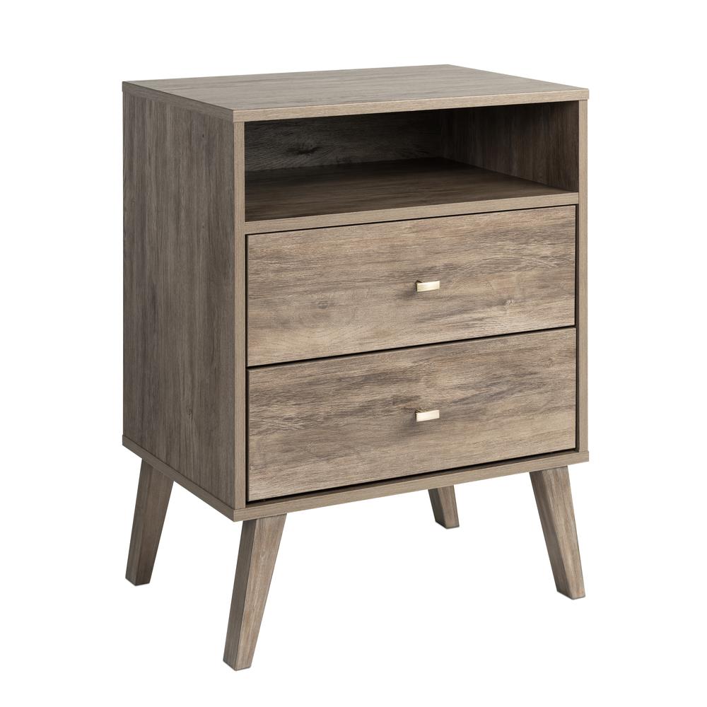 Milo Mid Century Modern  2-drawer Tall Nightstand with Open Shelf, Drifted Gray. Picture 1