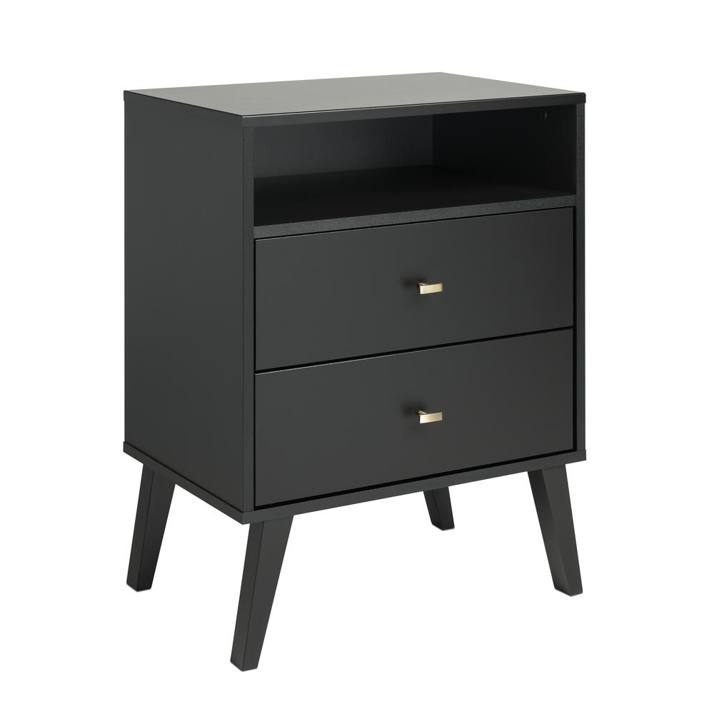 Milo Mid Century Modern 2-drawer Tall Nightstand with Open Shelf, Black. Picture 1