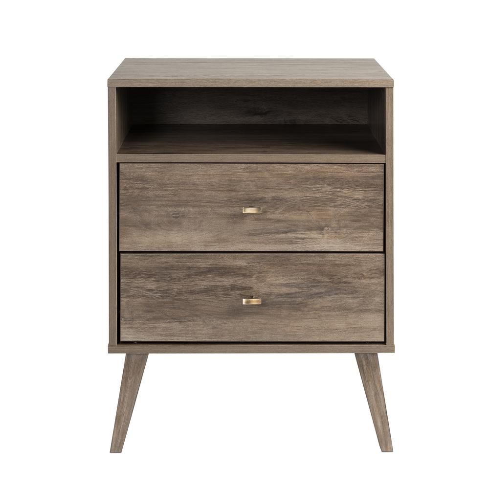 Milo Mid Century Modern  2-drawer Tall Nightstand with Open Shelf, Drifted Gray. Picture 2