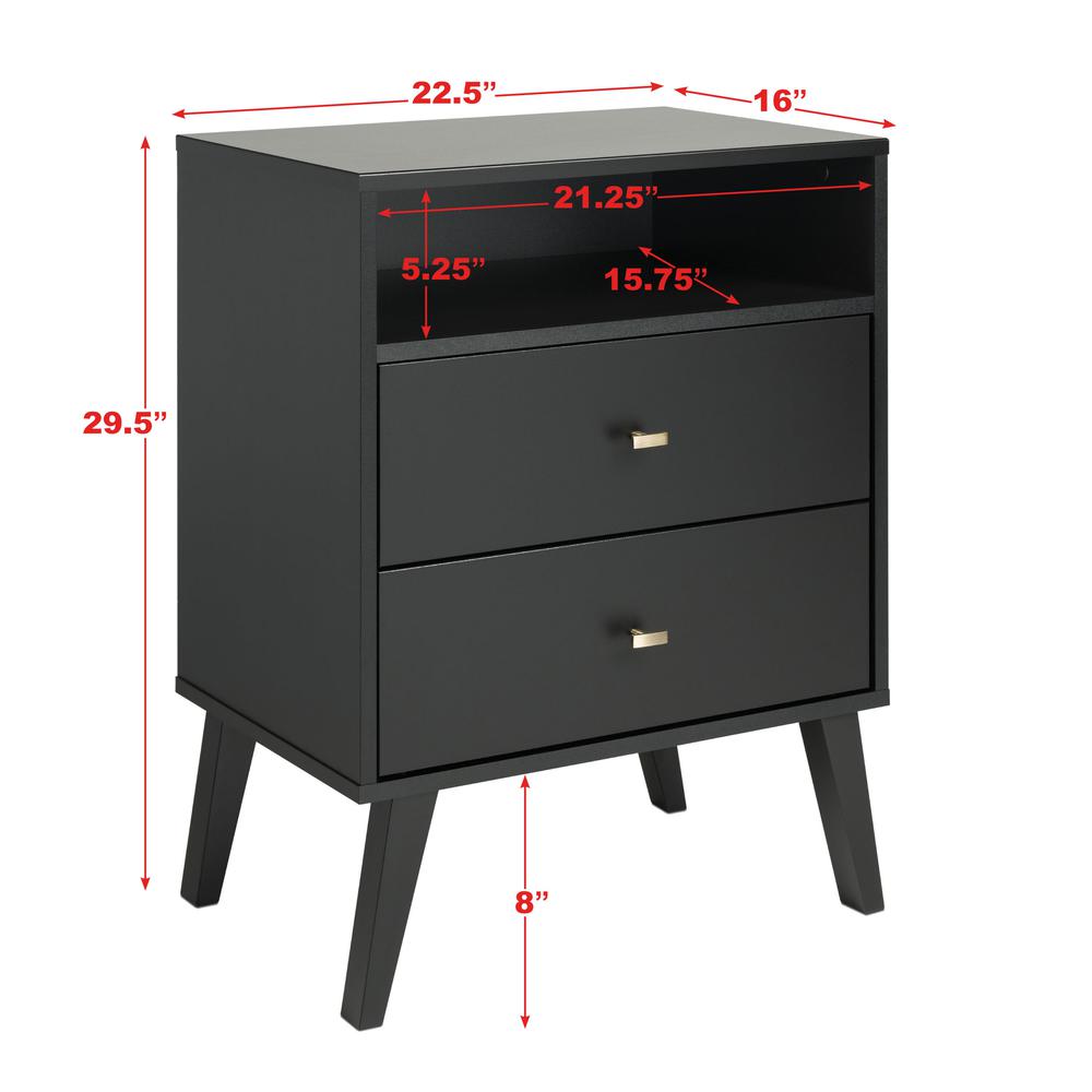 Milo Mid Century Modern 2-drawer Tall Nightstand with Open Shelf, Black. Picture 8