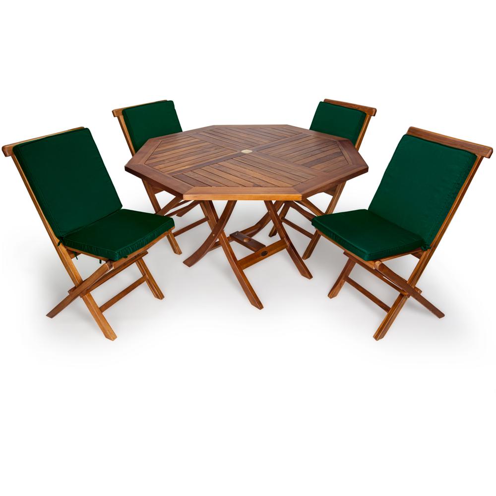 5-Piece 4-ft Teak Octagon Folding Table Set with Green Cushions. Picture 1