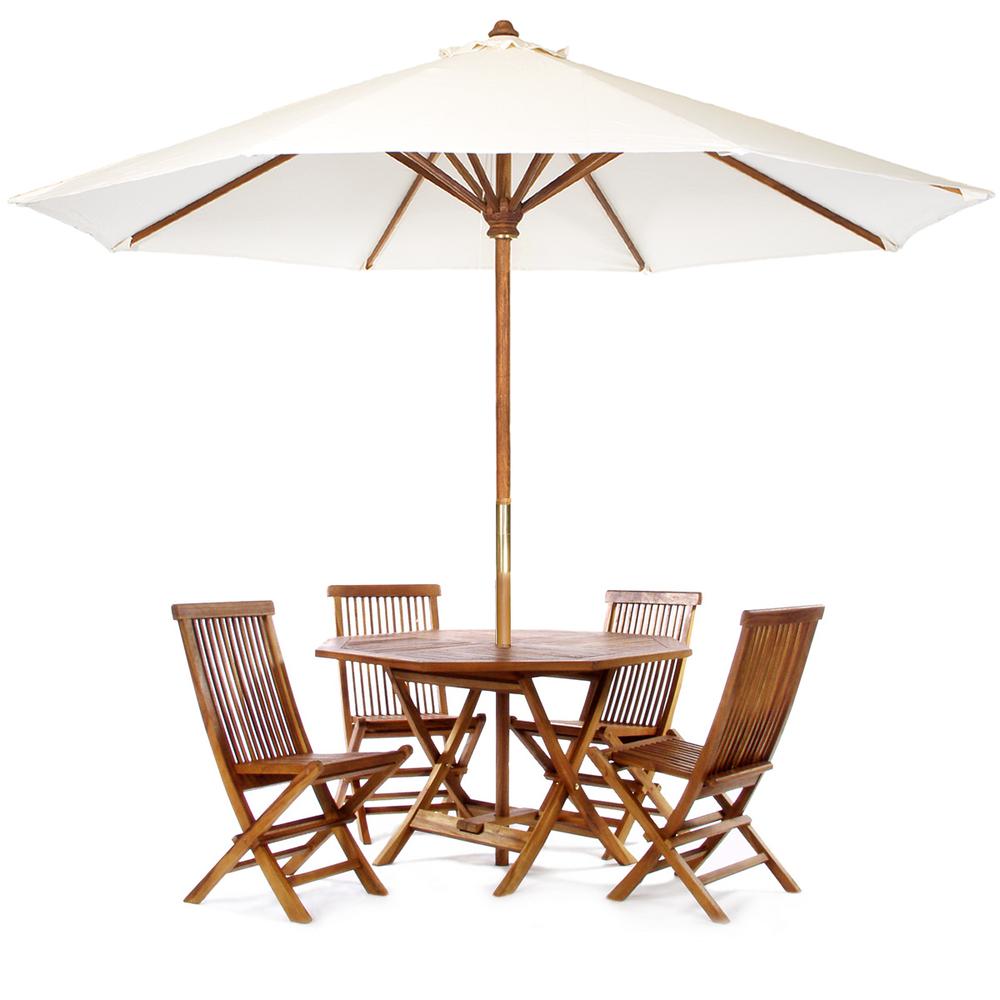 6-Piece 4-ft Teak Octagon Folding Table Set with White Umbrella. The main picture.