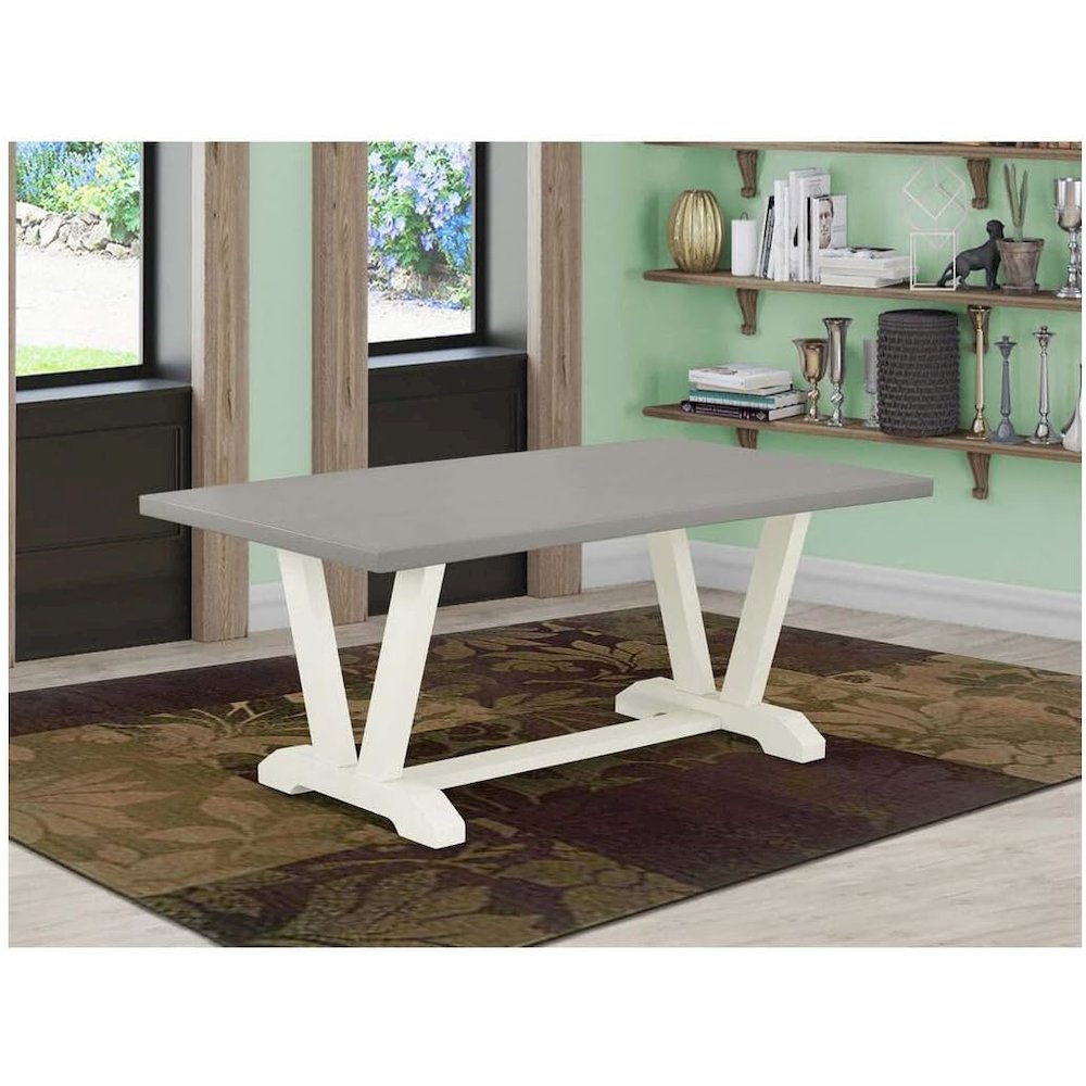 East West Furniture 1-Piece Kitchen Table with Rectangular Cement Table top and Linen White Wooden Legs Finish. Picture 2