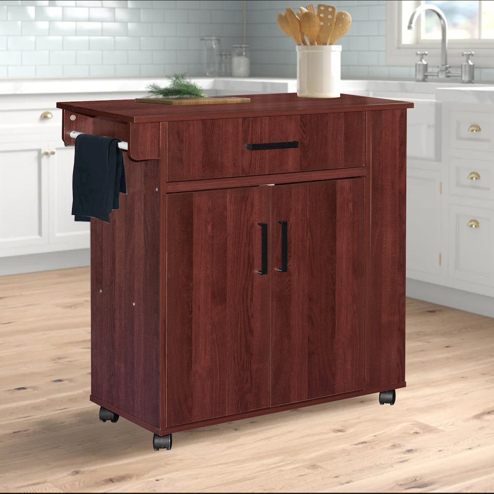 Better Home Products Shelby Rolling Kitchen Cart with Storage Cabinet - Mahogany. Picture 5